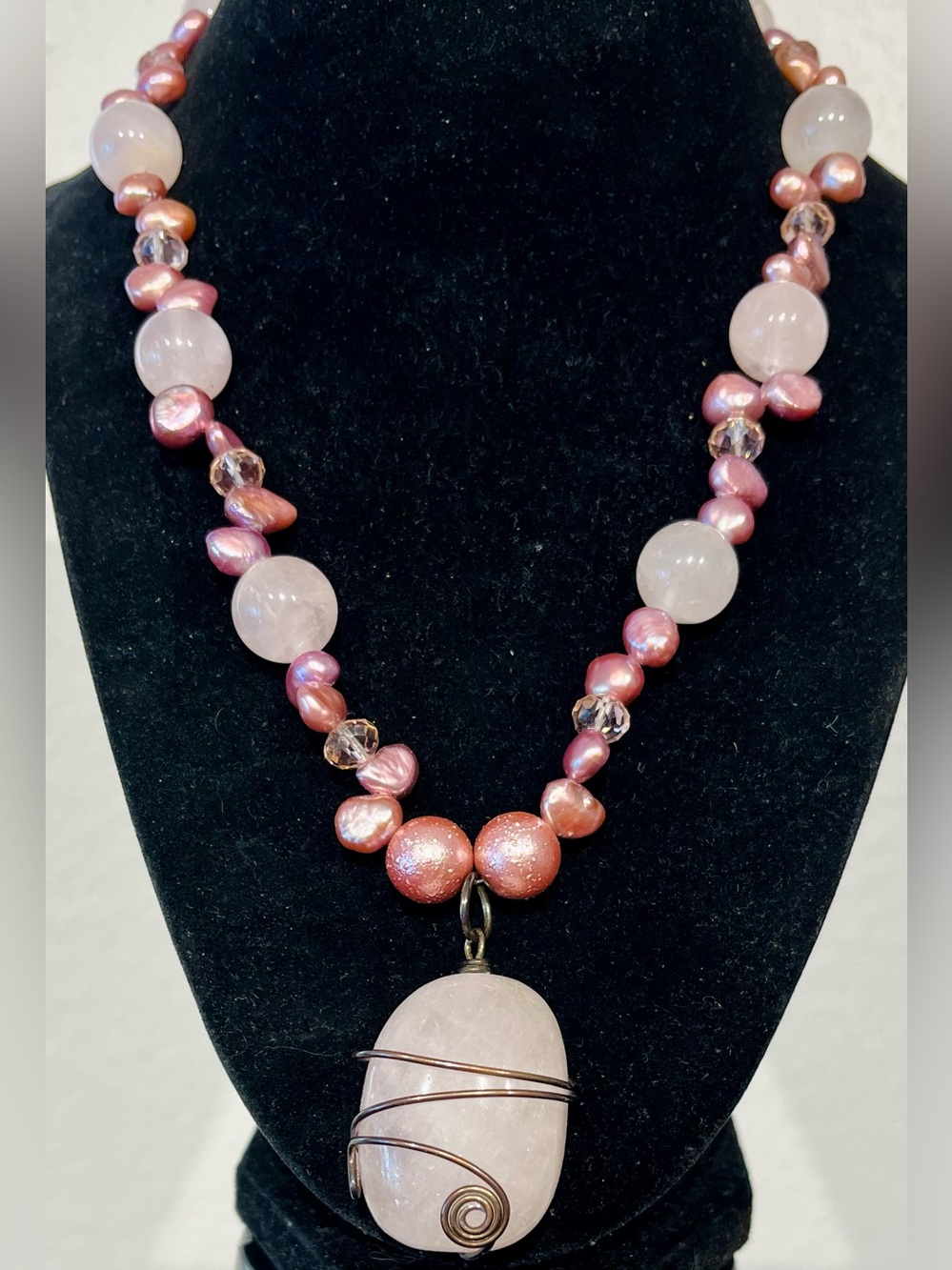 Vintage Rose Quartz and Freshwater Pearl Statement Necklace